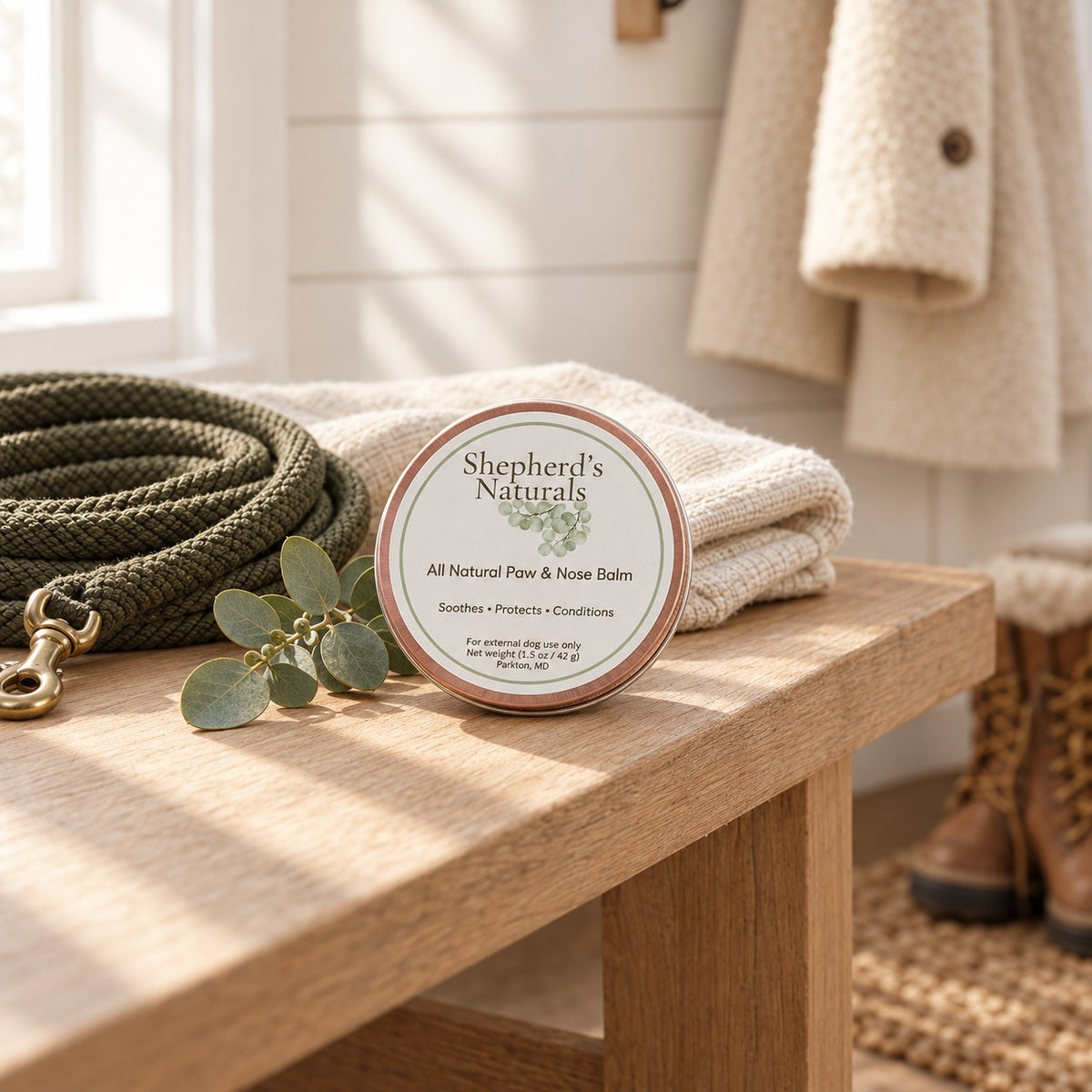 Shepherd's Naturals Paw & Nose Balm tin on an oak entryway bench with a rope leash, linen towel and winter boots