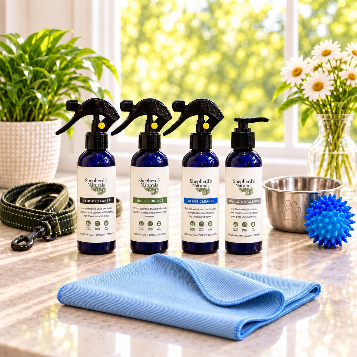 Shepherd's Naturals Trial Kit: four 4 oz cleaners with a glass microfiber towel, dog leash, steel dog bowl and toy on a sunny kitchen counter