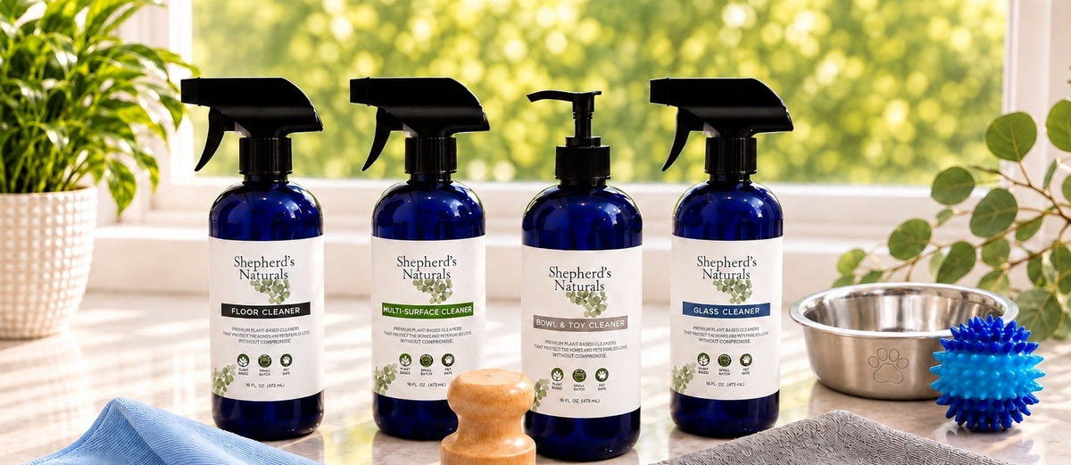 Four Shepherd's Naturals cleaners on a sunny kitchen counter with a paw-print dog bowl, blue dog toy, microfiber towels and a bamboo brush